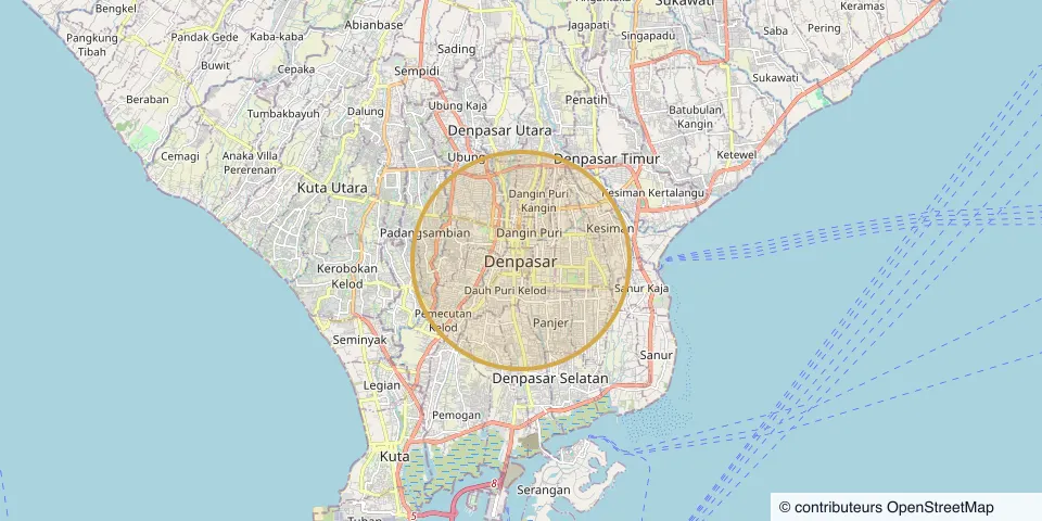 Carte de Denpasar, au sud de Bali, la ville entourée d’un cercle